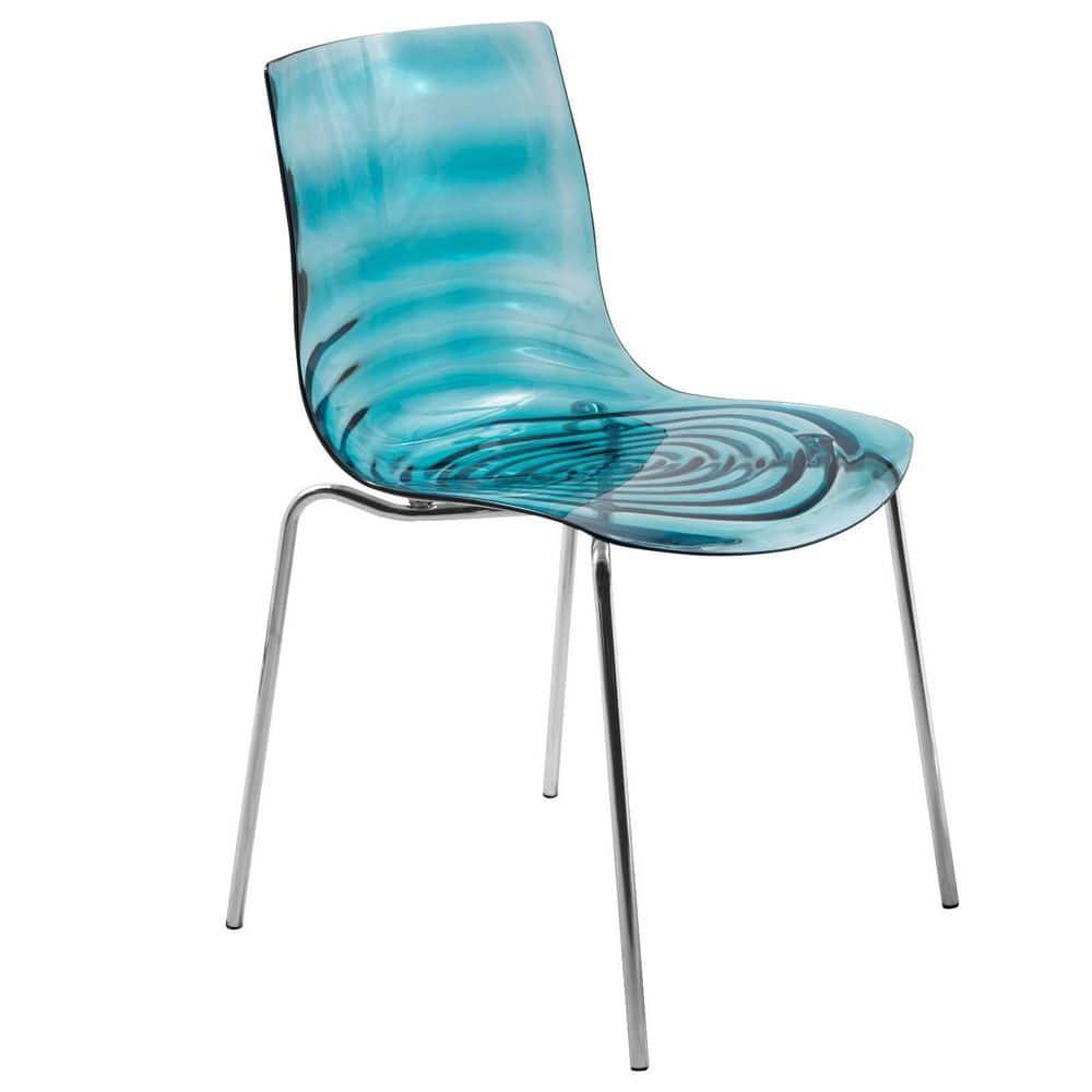 LeisureMod Astor Acrylic Dining Chair with Water Ripple Design and Metal Legs in Transparent Blue