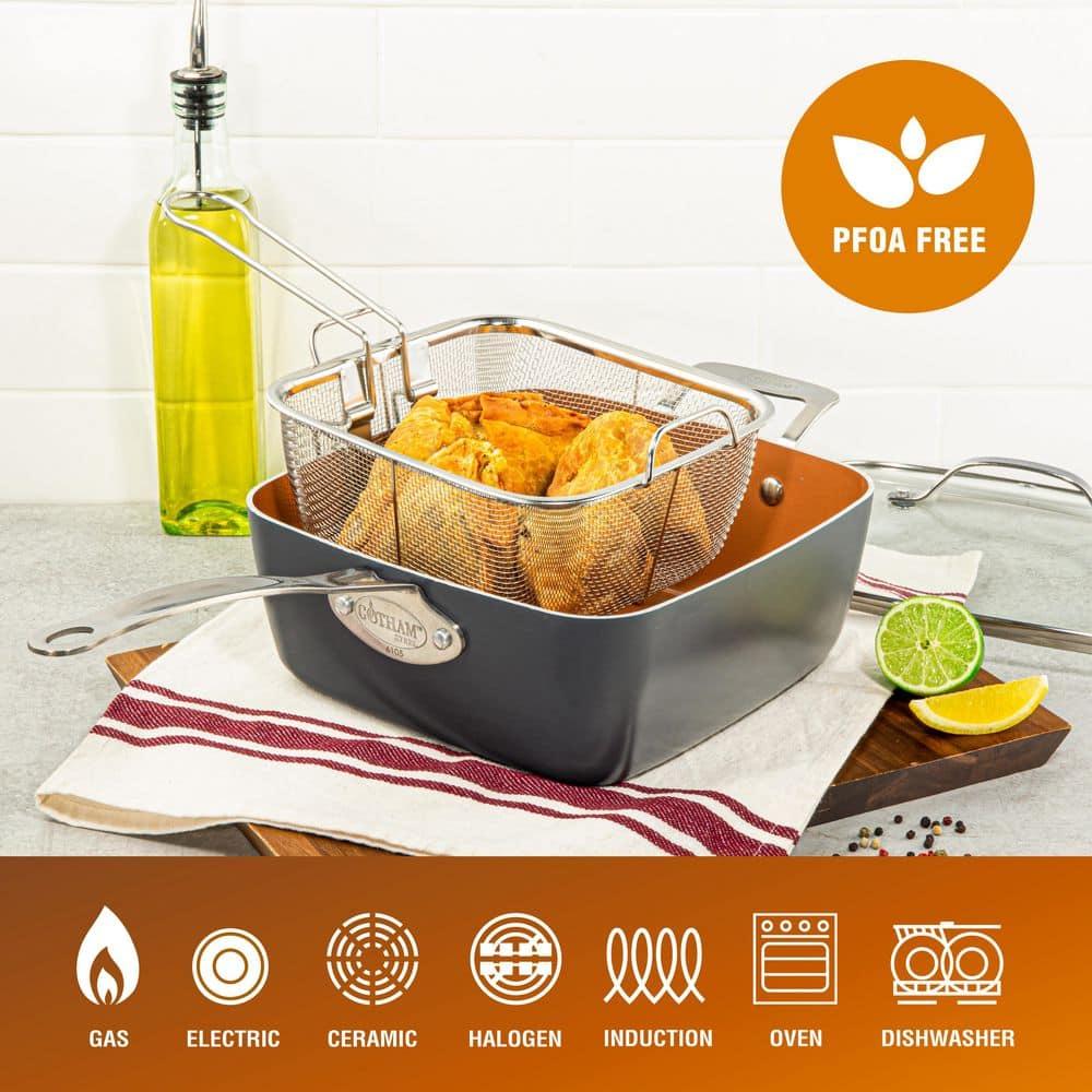 Gotham Steel Gotham Steel 9.5" Deep Squre Nonstick Pan with Steamer Tray, Fry Basket and Glass Lid