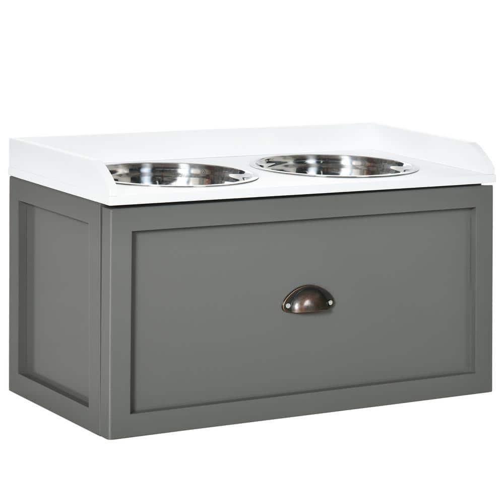 PawHut Dog Feeding Station with Storage Drawer, Dog Food Storage Cabinet w/ Removable Elevated Dog Bowls for Large Sized Dogs, Gray