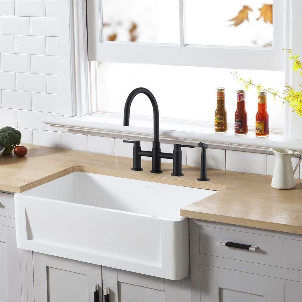 Double Handle Bridge Kitchen Faucet with Side Sprayer in Matte Black