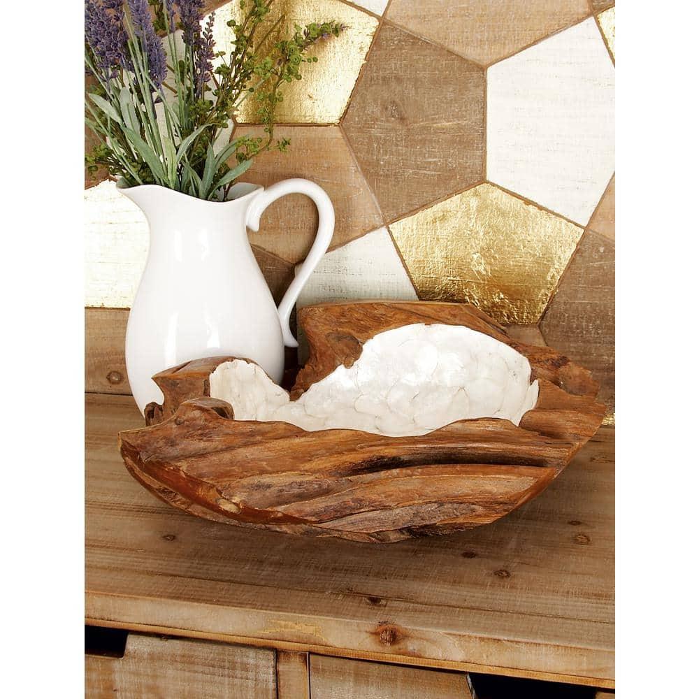 DecMode 16" Handmade Round Live Edge Free Form Brown Teak Wood Decorative Bowl with Capiz Interior