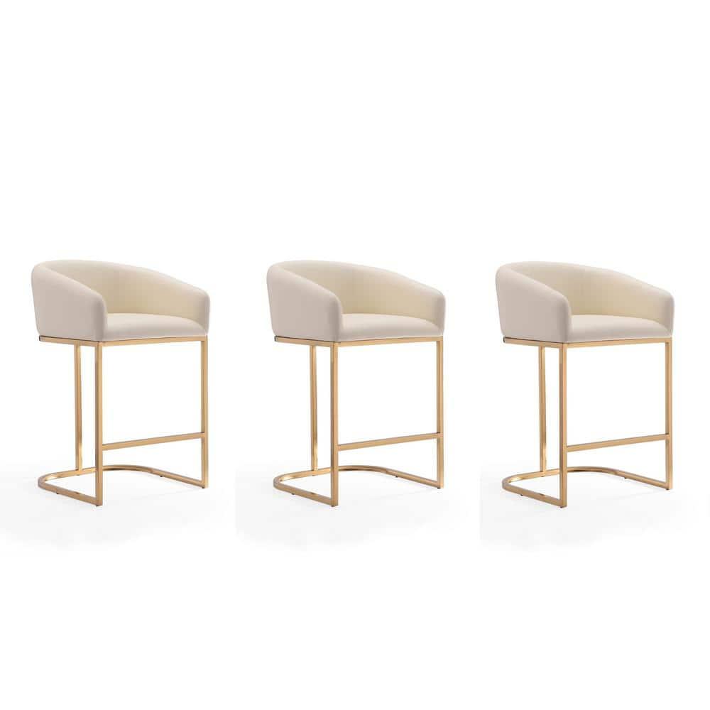 Manhattan Comfort Set of 3 Louvre Upholstered Stainless Steel Counter Height Barstools Cream: Faux Leather, Armrests, Footrest