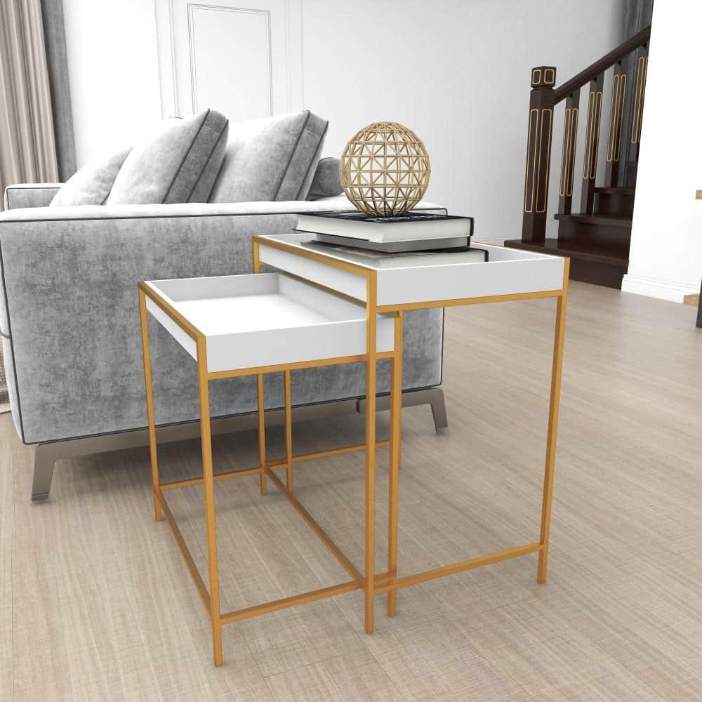Mercer41 Blaine Wooden Nesting Tray Top Geometric Side End White Accent Table with Gold Metal Legs Set