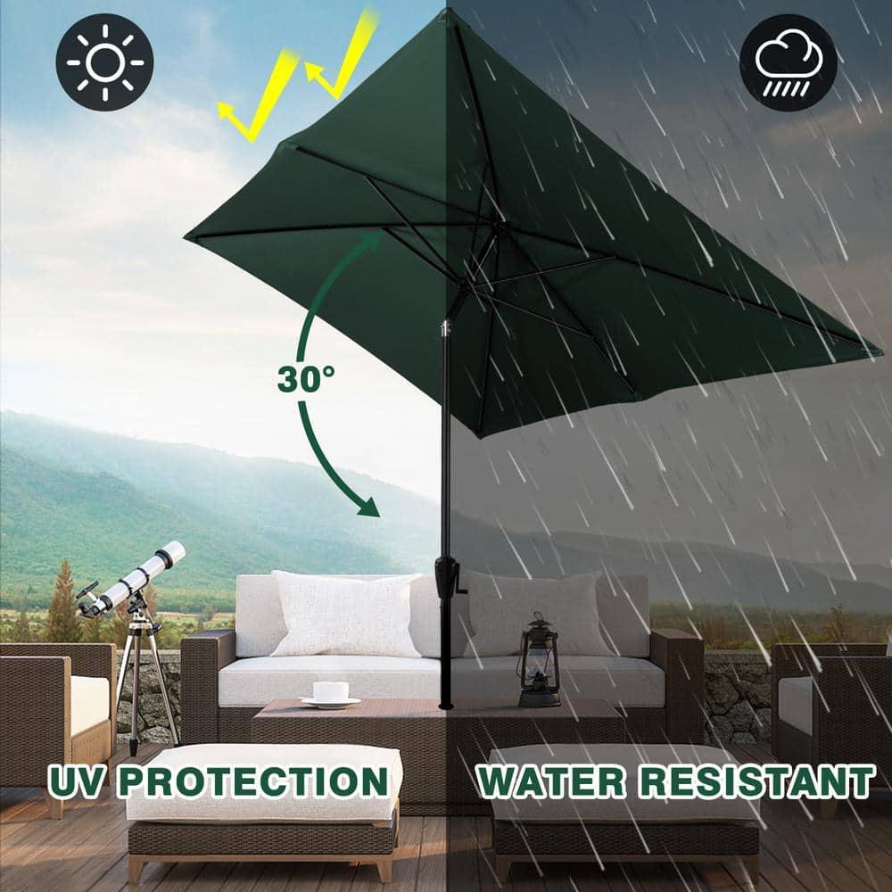 Sun-Ray 6.6x10 FT Rectangular Patio Umbrella with Push-Button Tilt and Hand Crank Canopy Lift, Table Umbrella with Solution Dyed Navy Fabric for Porch, Deck, Garden, and Swimming Pool, Hunter Green