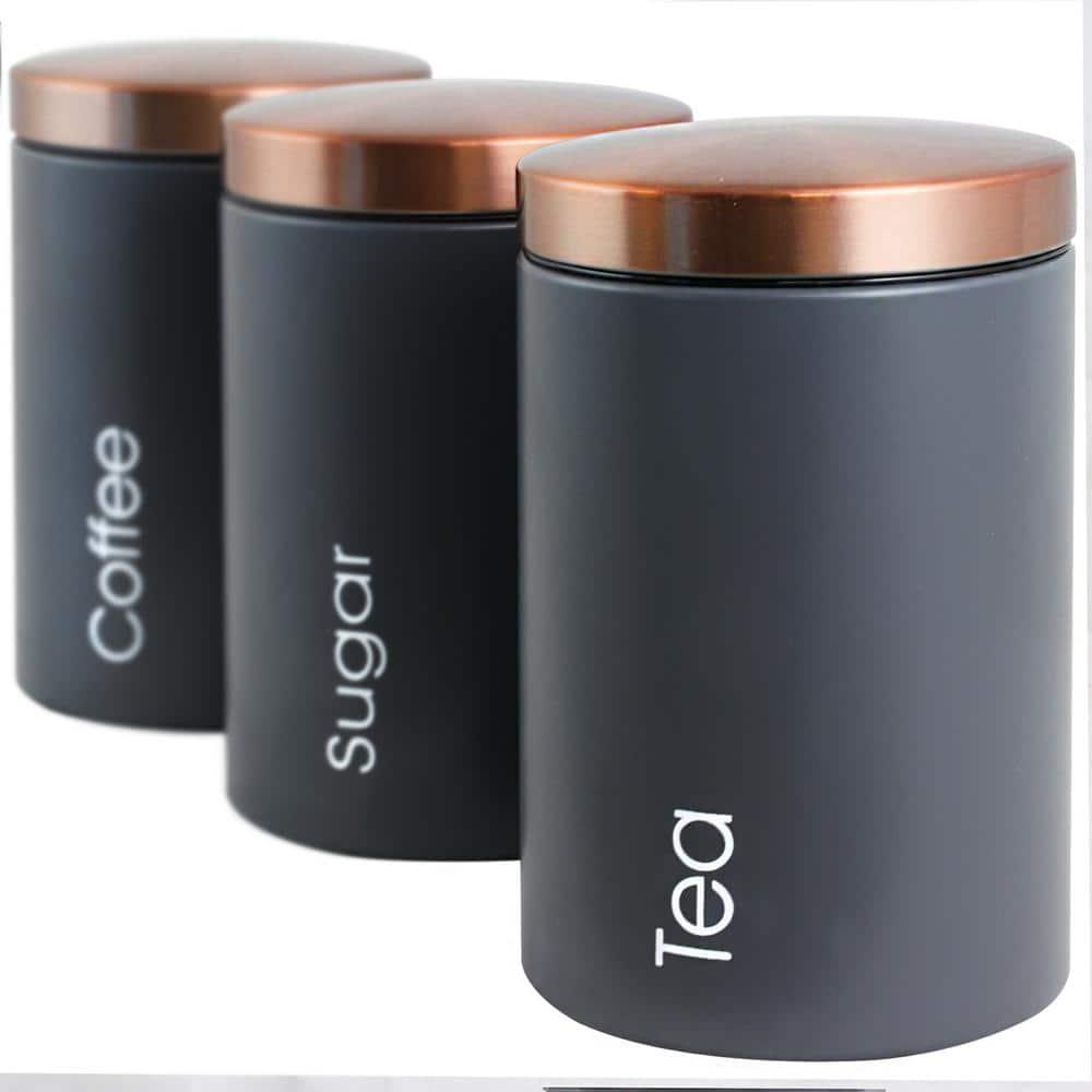 MegaChef Essential Kitchen Storage 3 Piece Sugar, Coffee and Tea Canister Set in Matte Gray