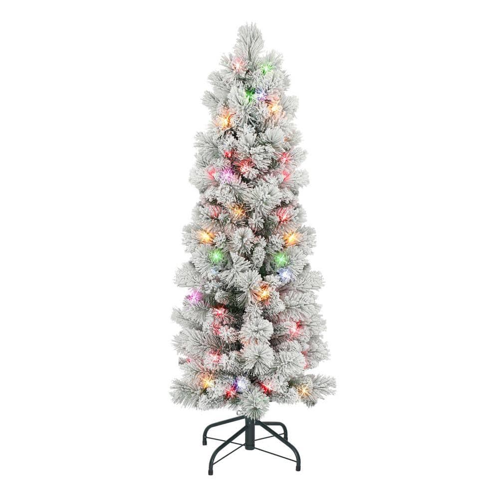 4.5 ft Flocked Portland Pine Pencil Tree with 195 tips 100 Multi-color Incandescent Lights