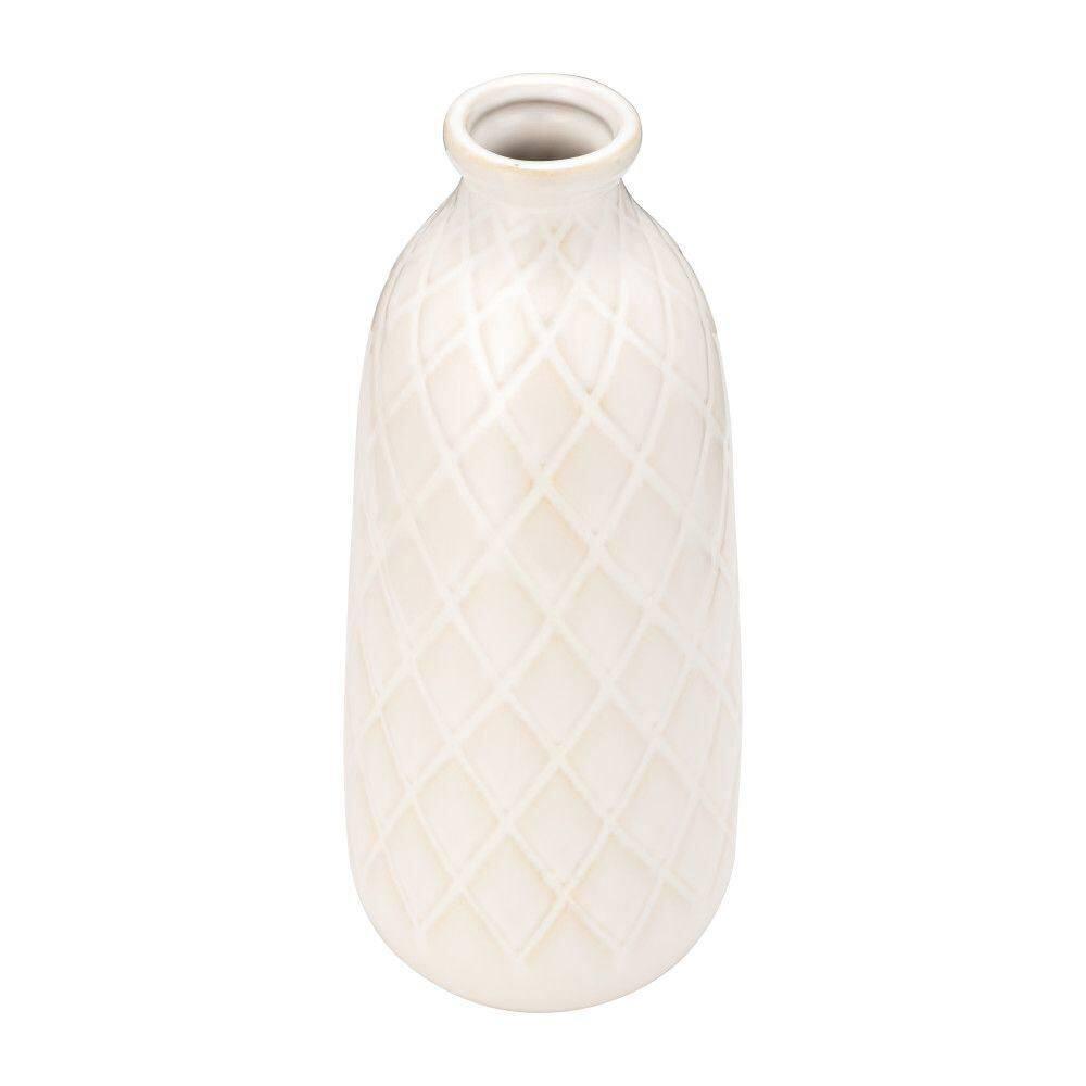 Sagebrook Home 12" Ceramic Vase - Contemporary Plaid Textured Ivory/Beige Vase For Floral Arrangements - Decorative Table Accent for Home or Office