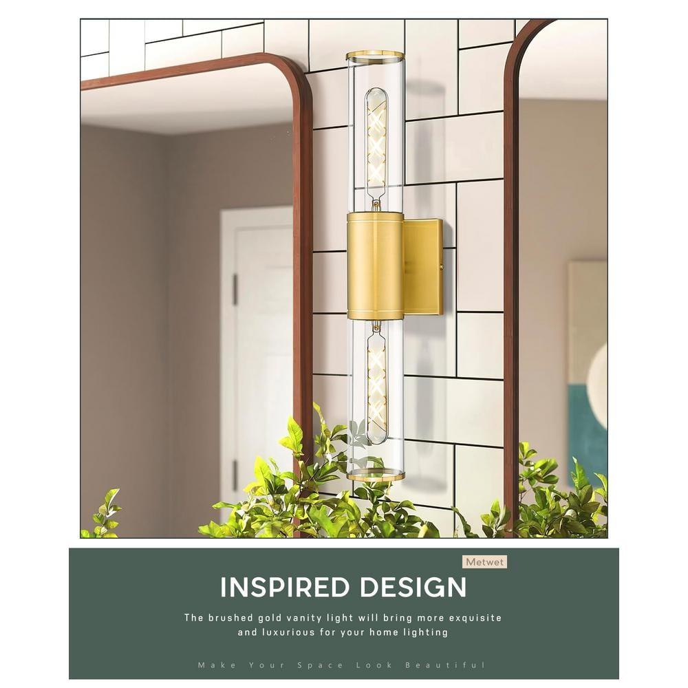 Progress Lighting Clarion 2-Light Brushed Nickel Glass Modern Bath Vanity Light, Satin Brass, Cylindrical Shade