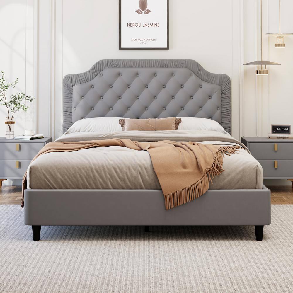 Gray Velvet Full Size Upholstered Bed with Tufted Headboard