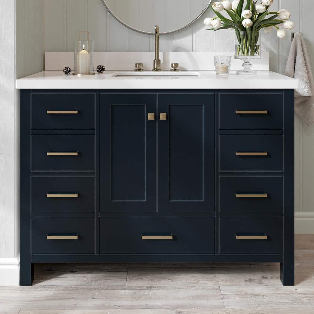 ARIEL 49" Bathroom Vanity with 1.5" Edge Pure White Quartz Countertop & Backsplash, Center Rectangular Sink, 2 Soft Closing Doors, 9 Full Extension Dovetail Drawers, Brushed Nickel - Midnight Blue