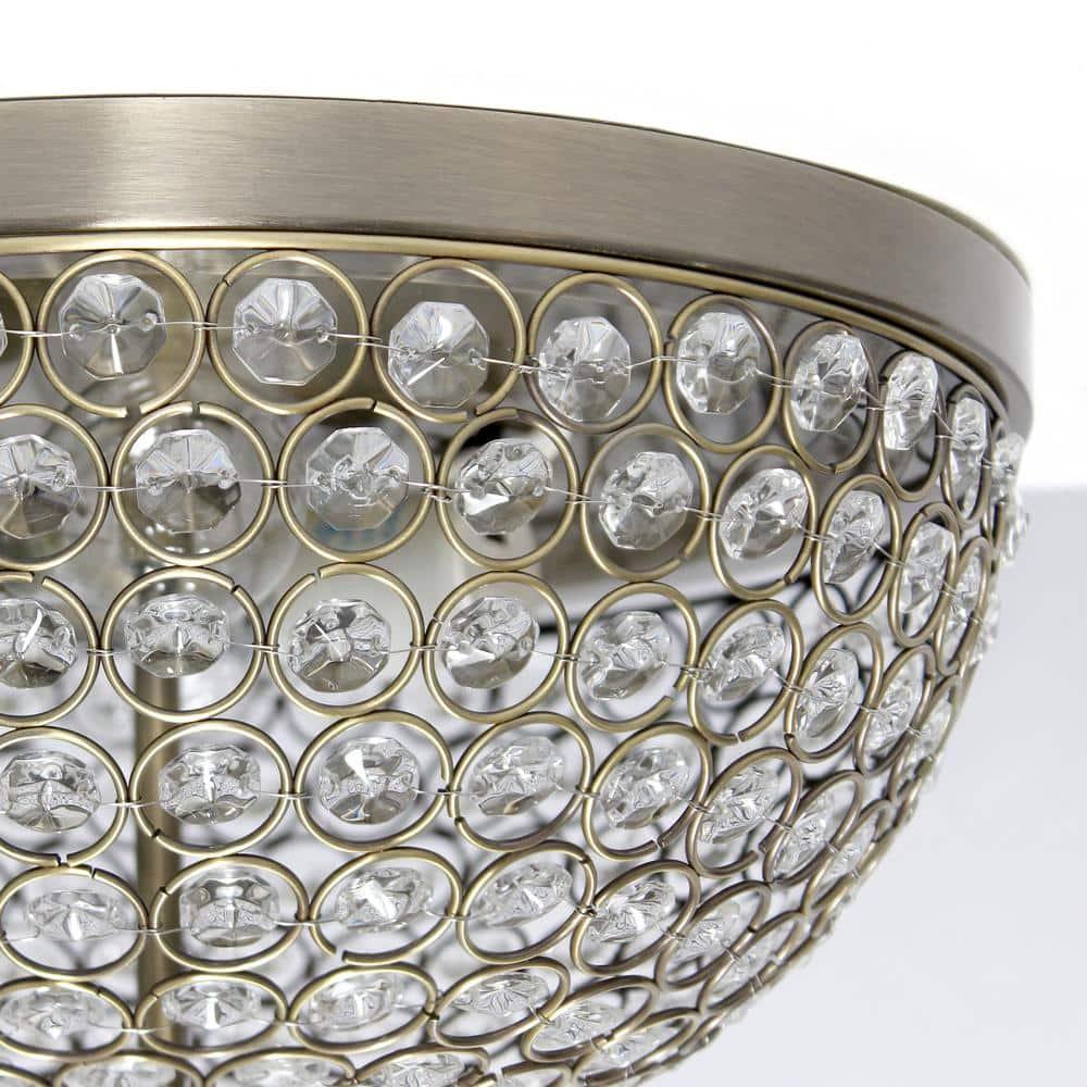 Elegant Designs Elipse Crystal 13" Modern Metal 2 Light Bowl Shaped Ceiling Flush Mount Fixture, Antique Brass