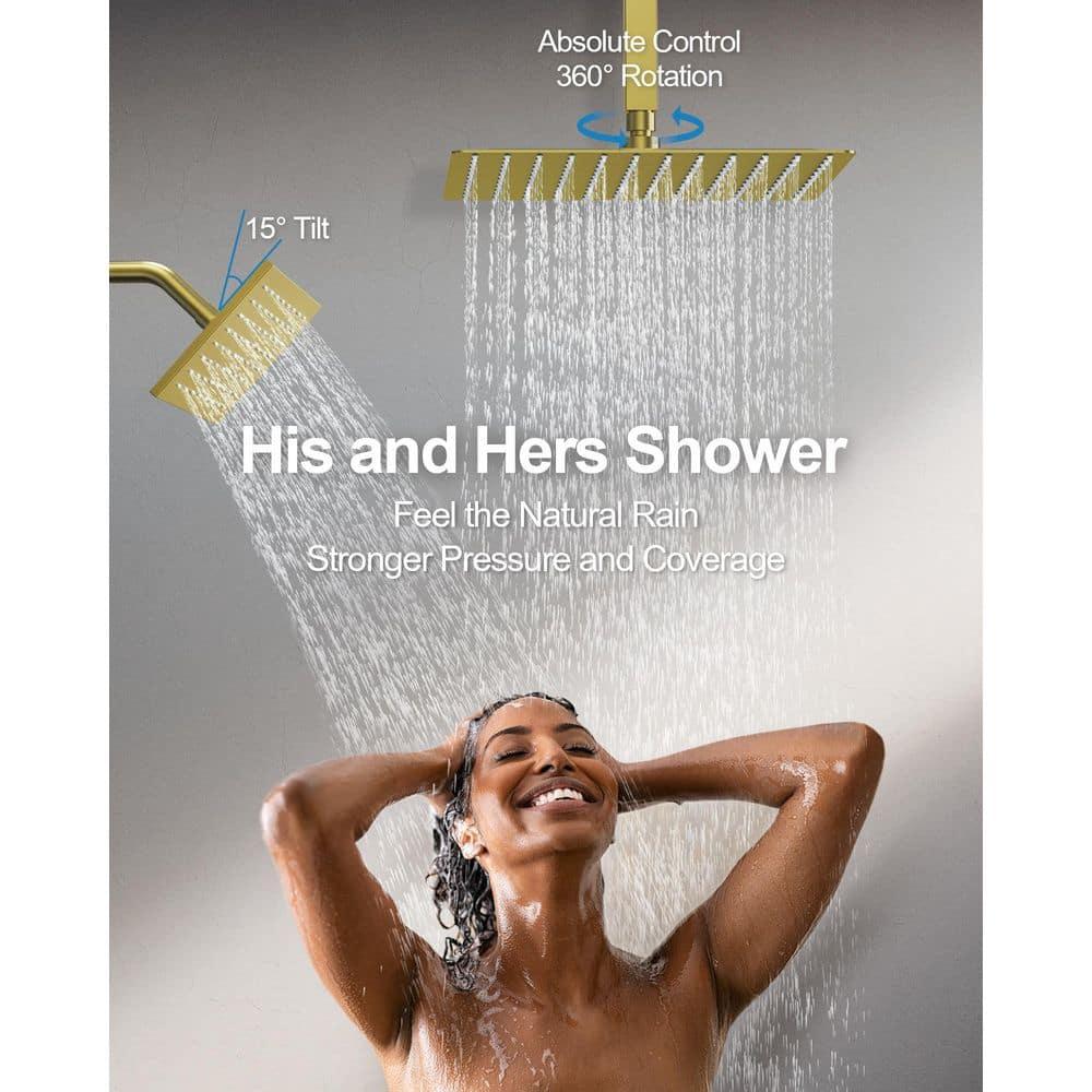 GRANDJOY 16 inch Complete Dual Shower Head System, Celling Mounted Shower Faucet Set with Hand Shower Head, Rough in-Valve, 6 Massage Body Jets - Brushed Gold
