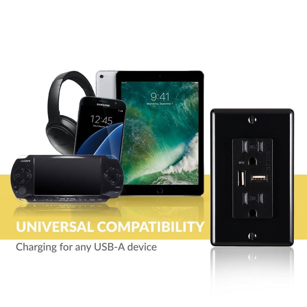 Faith 4.6A USB Outlet and 15A Decorator Tamper-Resistant Duplex Receptacle with Wall Plate, Black, 2-Pack