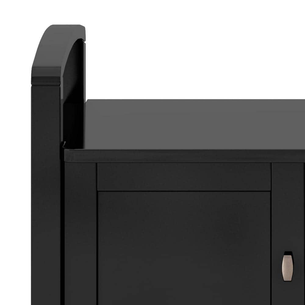 Simpli Home Warm Shaker 44"W Solid Wood Entryway Storage Bench with 3 Cabinets, Shaker-Style Doors and Interior Shelves