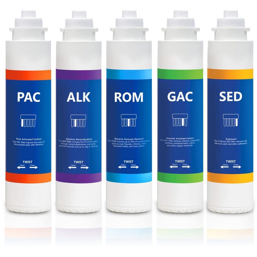 1 Year Elite RO Alkaline Reverse Osmosis System Replacement Filter Set ? 5 Easy Change Quick Twist filters with Alkaline Filter for added Essential Minerals ? 100 GPD RO Membrane