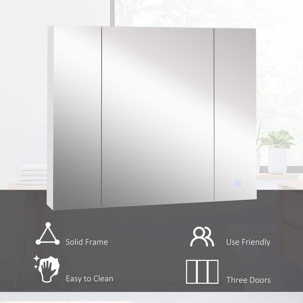 kleankin LED Medicine Cabinet, Wall-Mounted Bathroom Vanity Mirror Organizer with Dimmer Touch Switch, Three Doors, and USB Charged, White