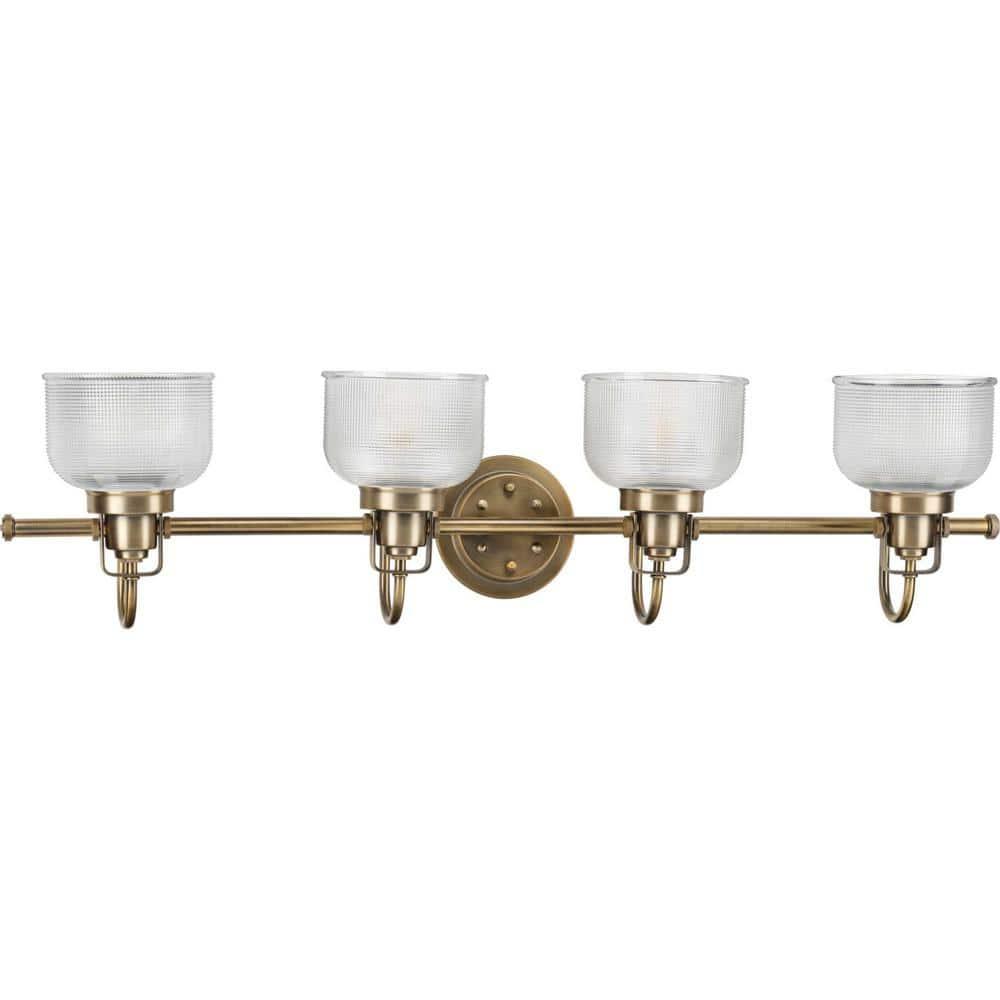 Archie Collection Four-Light Vintage Brass Clear Double Prismatic Glass Coastal Bath Vanity Light