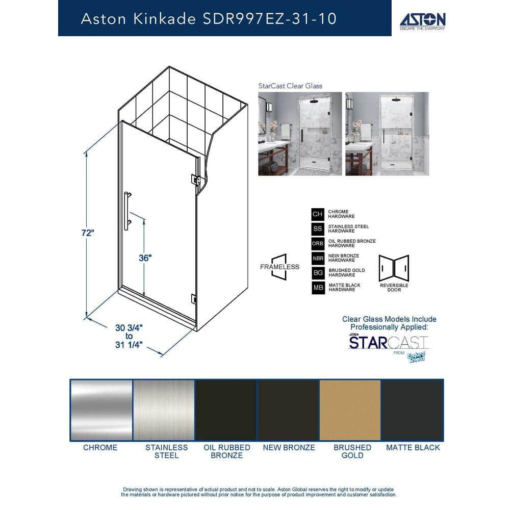 Kinkade 30.75" - 31.25" W x 72" H Hinged Frameless Shower Door