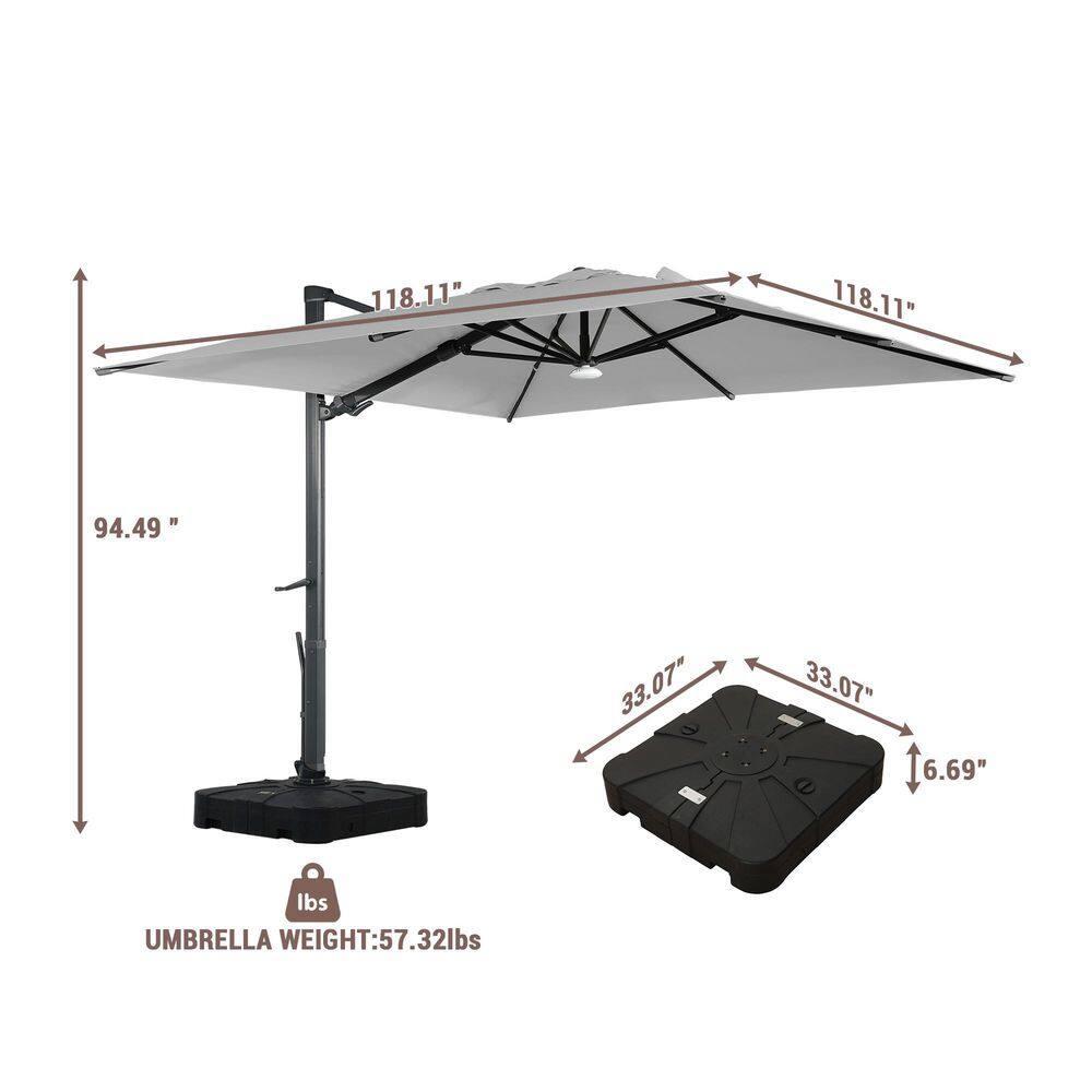 10ft Square Solar LED Cantilever Patio Umbrella with Bluetooth Light for Outdoor Shade Grey with base B