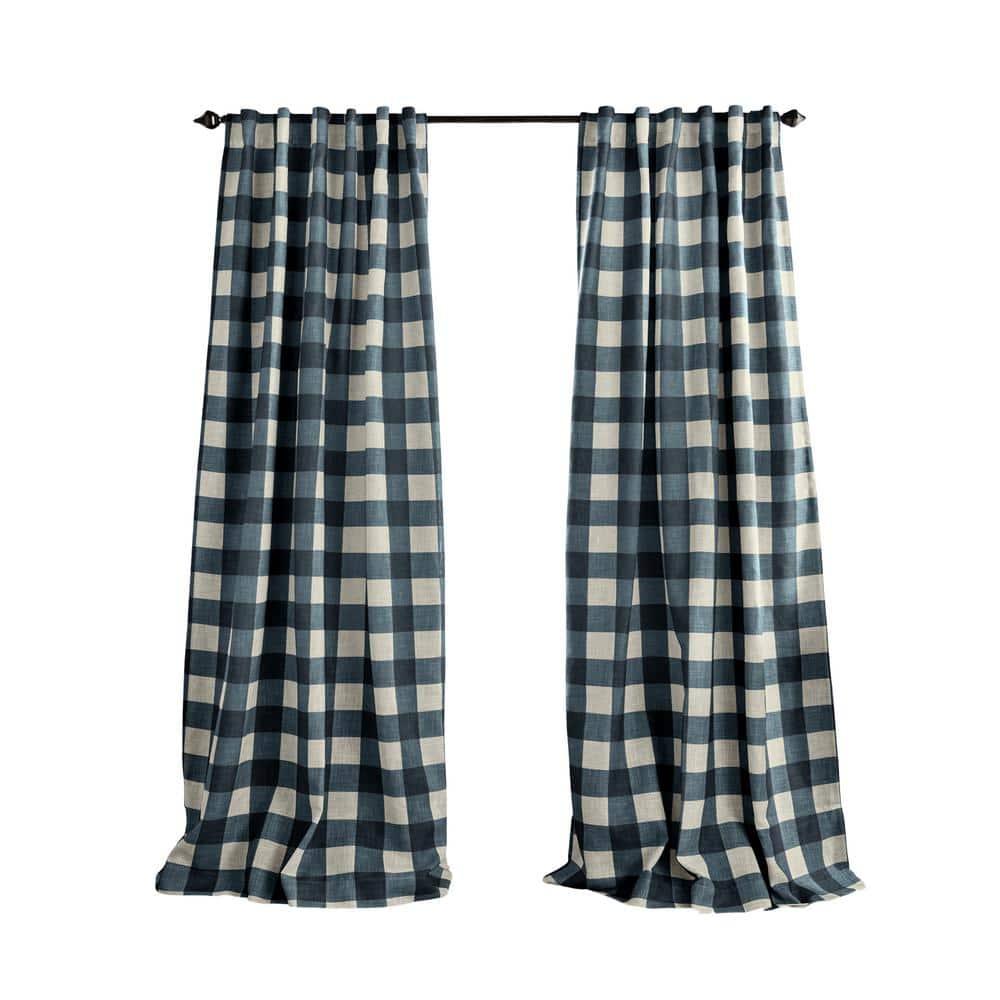 Grainger Buffalo Check Lined Room Darkening Single Window Curtain Panel - 52" x 95" - Indigo - Elrene Home Fashions