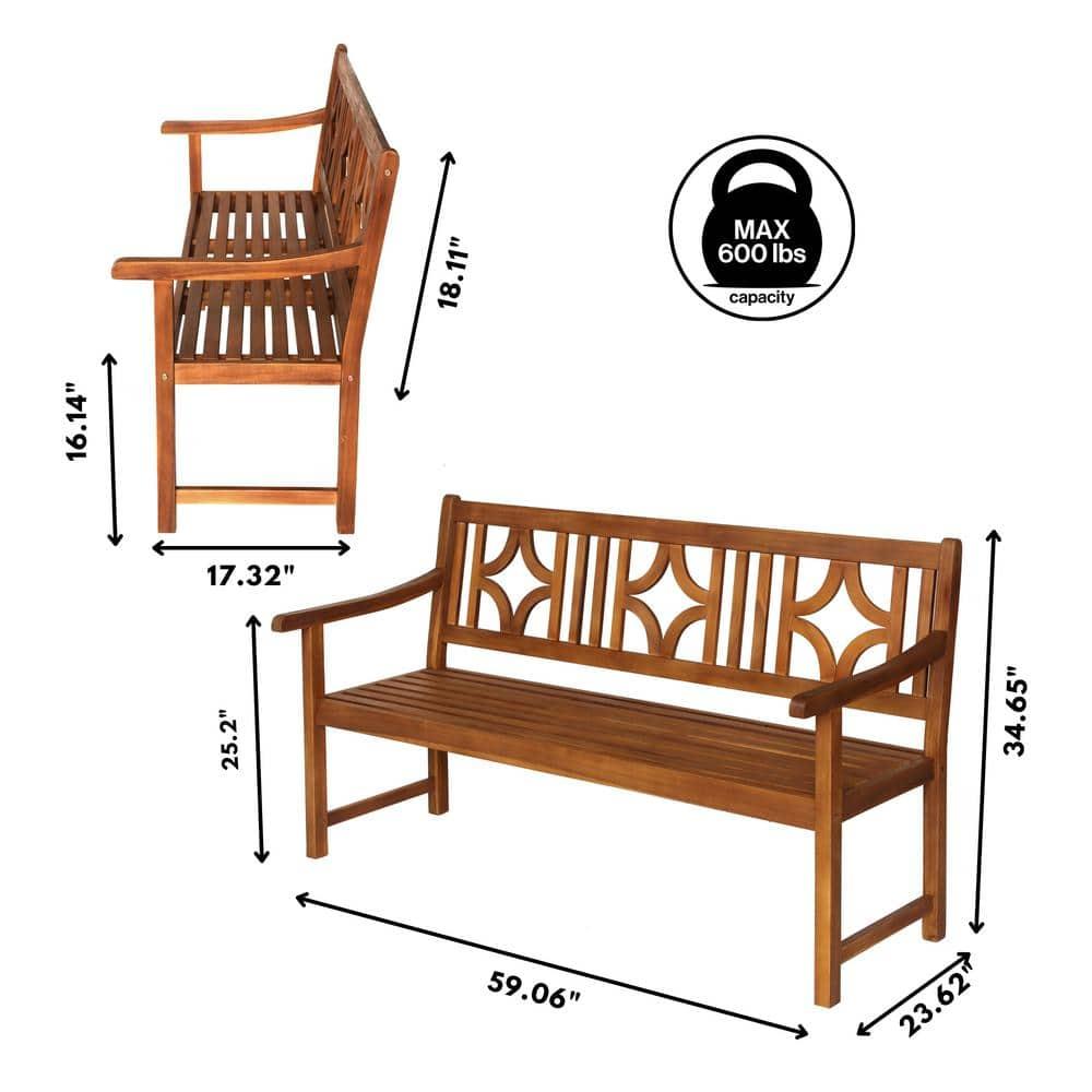Sloane 3-Seat Ogee Diamond-Back Acacia Wood Outdoor Garden Patio Bench, Teak - JONATHAN Y