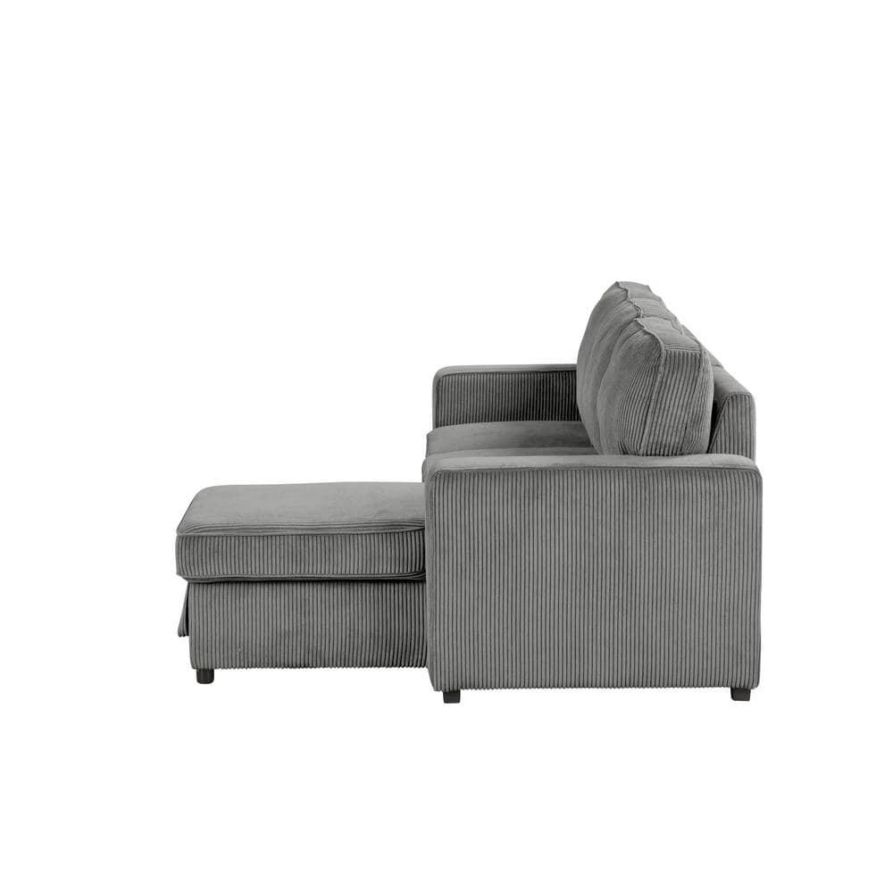 HOMES: Inside + Out Paeke Sleeper Sectional Sofa Corduroy with Storage Chaise and Reversible Dark Gray