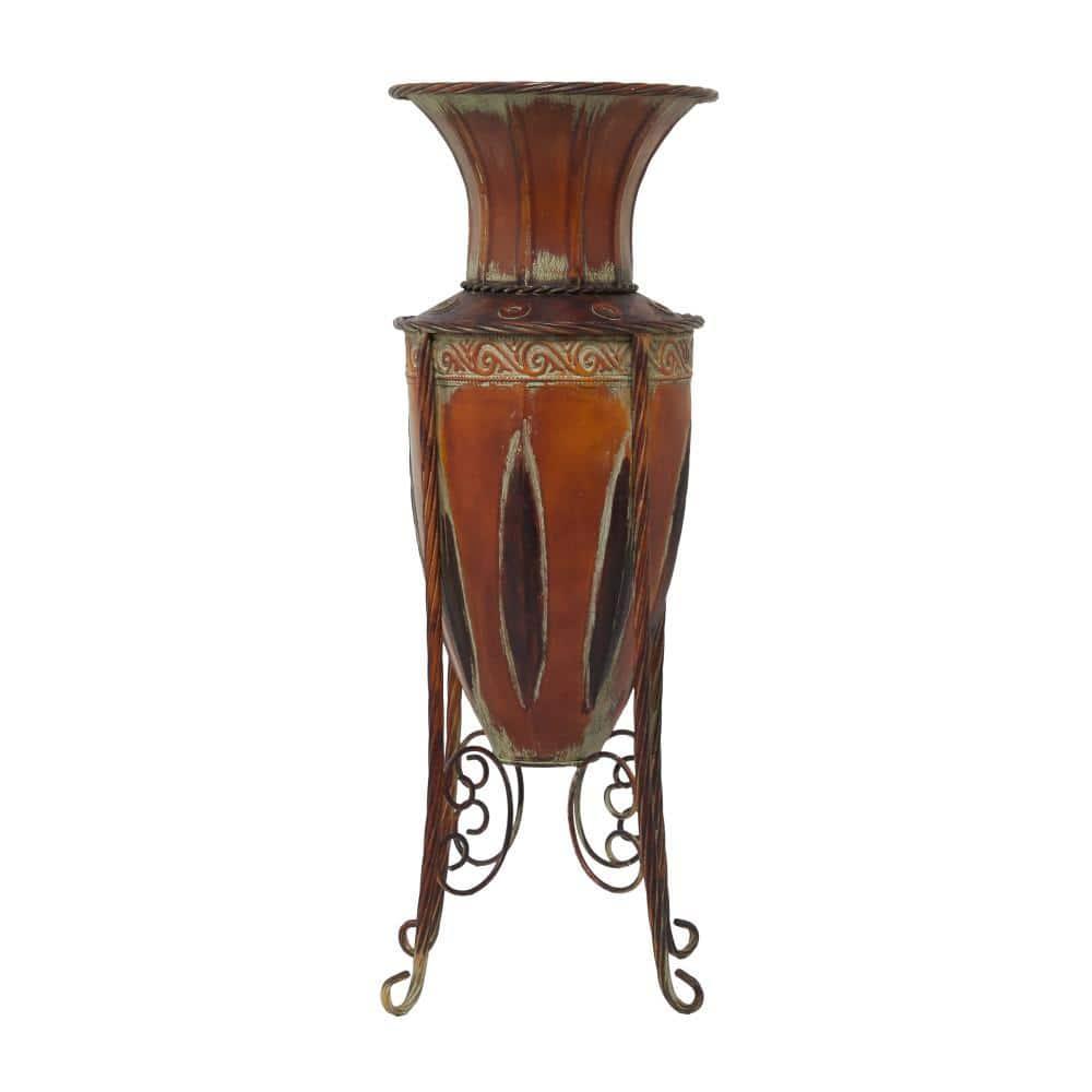 DecMode 27" Tall Brown Metal Vase with Attached Metal Stand and Intricate Design