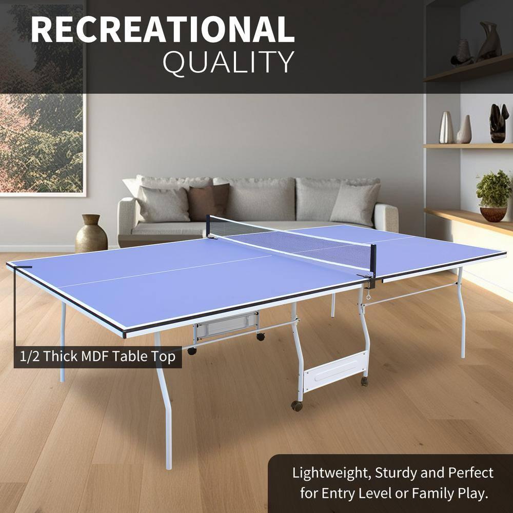9ft Blue and Silver Foldable Table Tennis Set with Net and Paddles