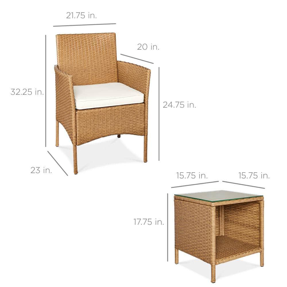 Best Choice Products 3-Piece Outdoor Wicker Conversation Patio Bistro Set, w/ 2 Chairs, Table - Natural/Ivory