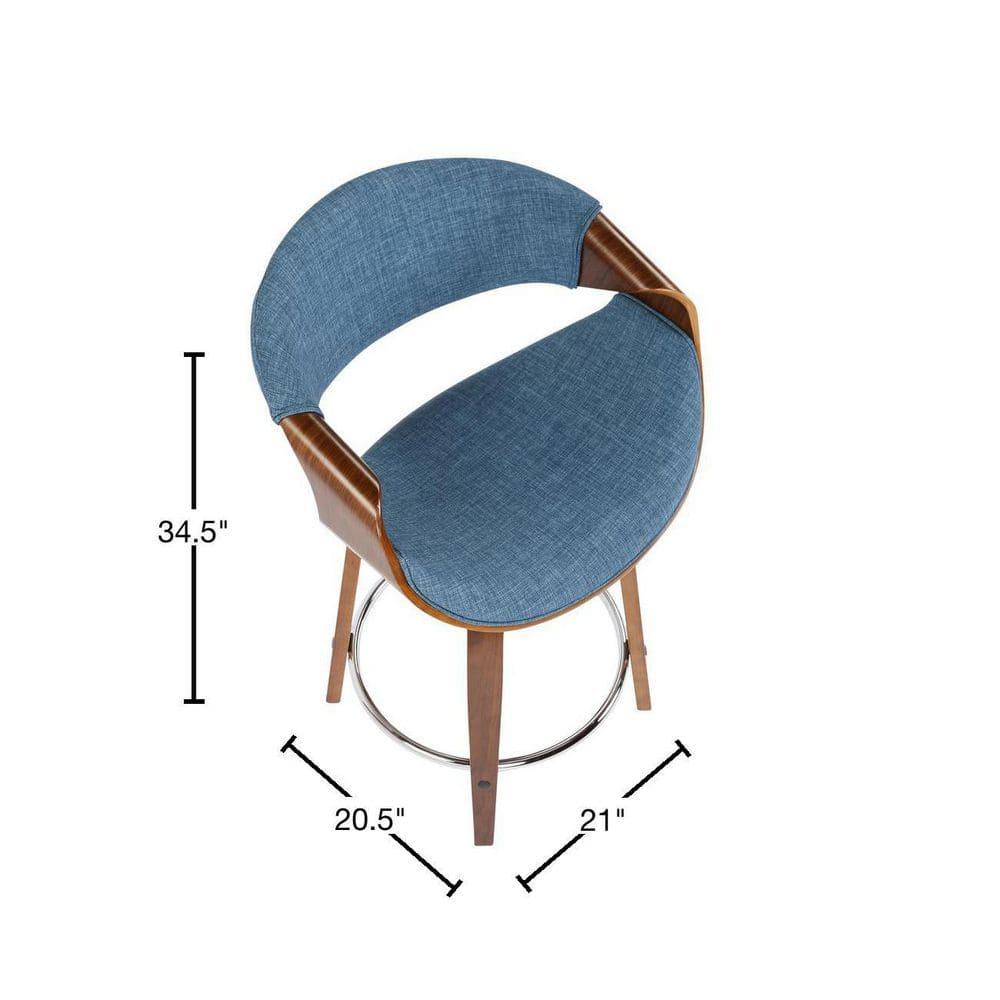 LumiSource Set of 2 Curvini Upholstered Counter Height Barstools Blue/Walnut: Swivel, Chrome-Plated, Wood Legs