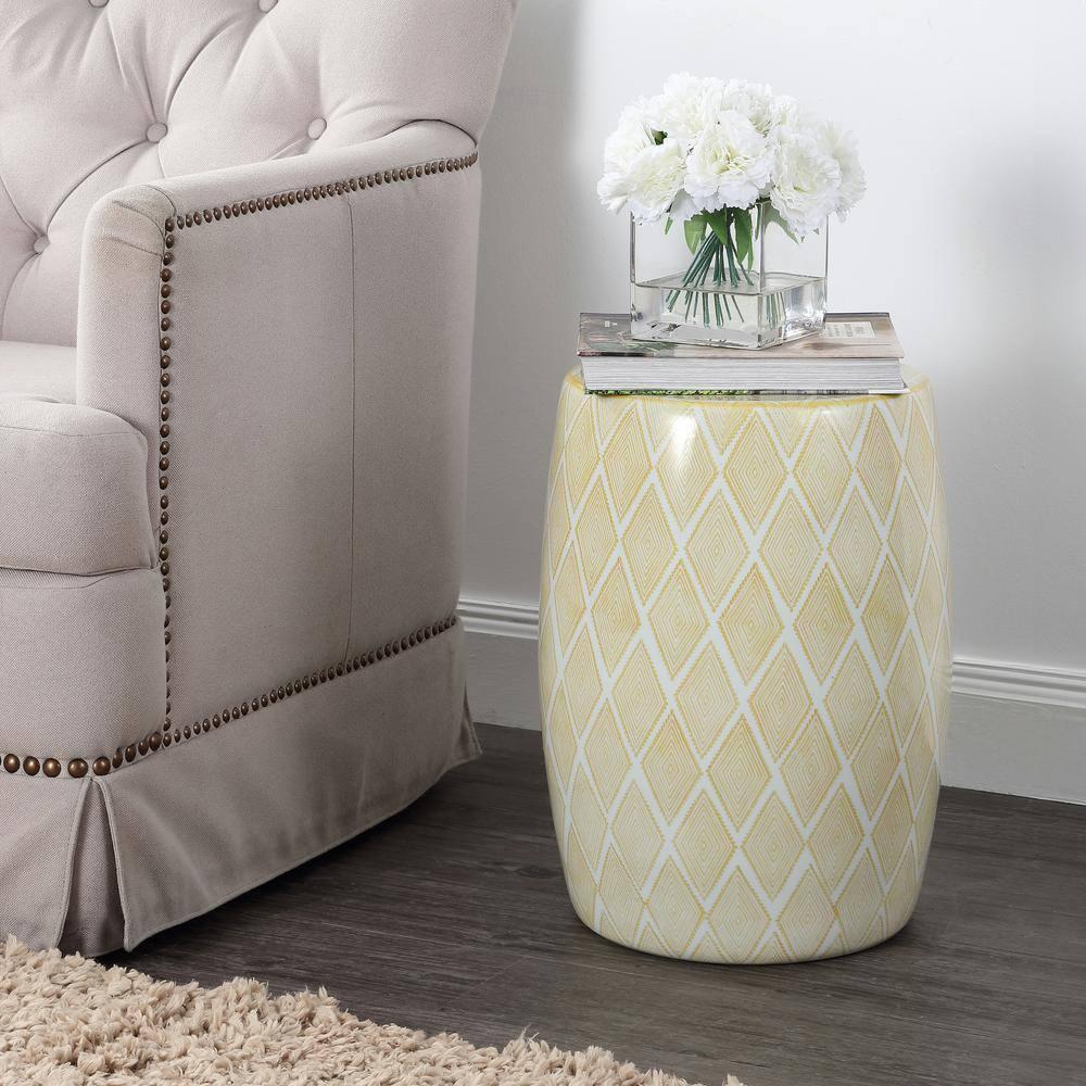 Moroccan Diamonds 18" Ceramic Drum Garden Stool, Yellow - JONATHAN Y