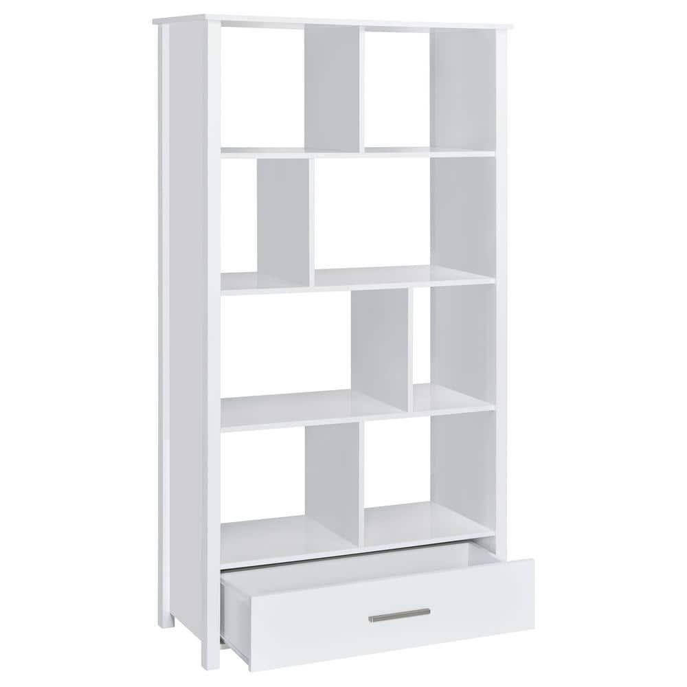 Coaster 68" Dylan 8 Shelf Bookcase with Storage Drawer White High Gloss : Laminated, Modern Design, Zinc Alloy Hardware