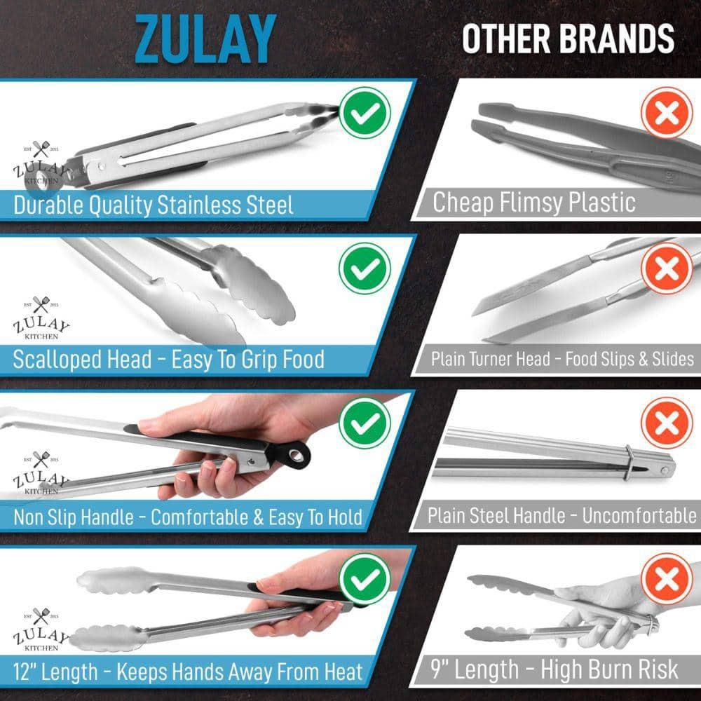 Zulay Kitchen Zulay Stainless Steel Tongs For Cooking - Scallop Head Edge Kitchen Tongs - Easy Grip BBQ Grill Tongs With Lock