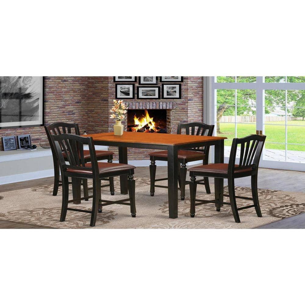 East West Furniture YACH5-BLK-LC 5 Piece Counter Height Pub Set Includes a Rectangle Dining Room Table and 4 Faux Leather Upholstered Kitchen Chairs, 30x48 Inch, Black & Cherry