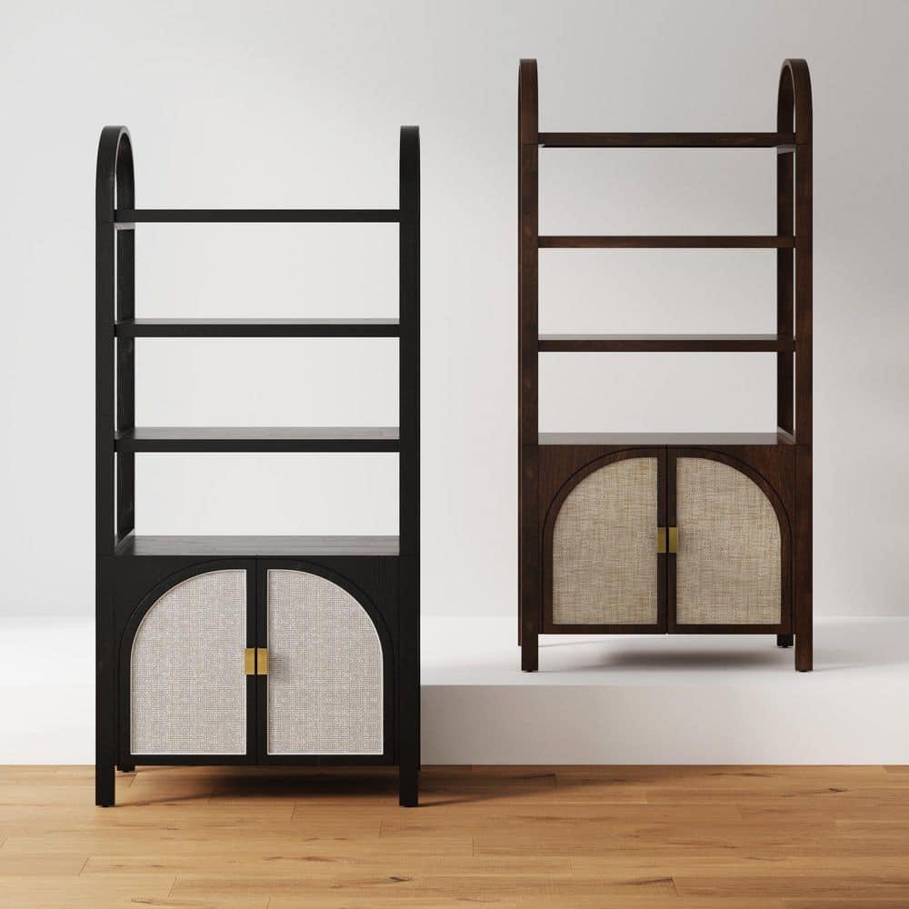 Boho 3-Shelf Bookshelf Cabinet With Rattan Doors