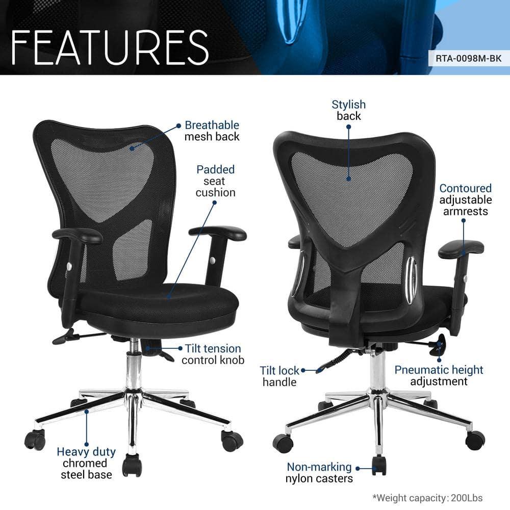 Techni Mobili High Back Mesh Office Chair with Chrome Base, Black RTA-0098M-BK