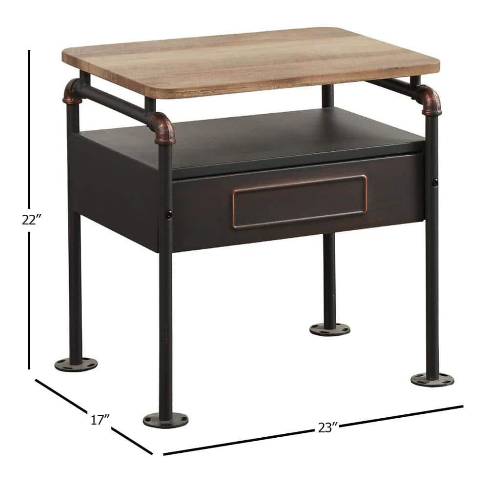 Industrial Pipe Detailed Nightstand With One Drawer And One Shelf, Antique Oak and Sandy Grey- Saltoro Sherpi