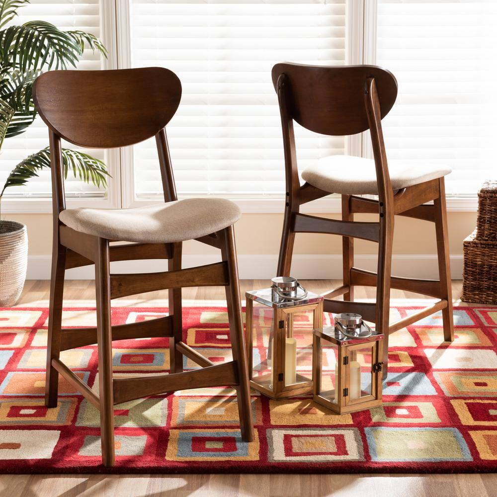2pc Katya Fabric Upholstered and Wood Counter Height Barstool Set Brown - Baxton Studio: Walnut Finish, Foam Padded
