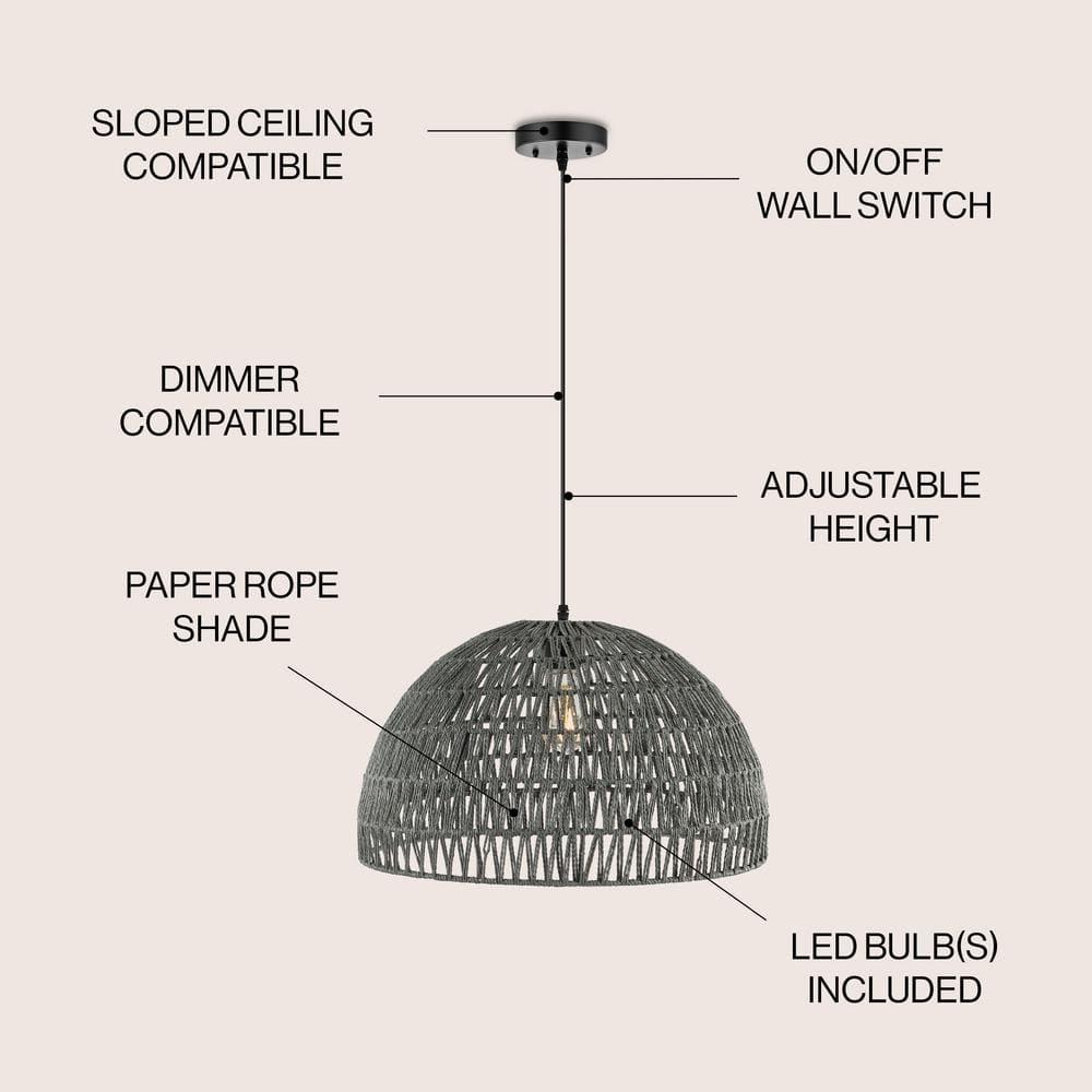 Campana 20" 1-Light Bohemian Modern Woven Rope/Iron LED Pendant, Grey/Black