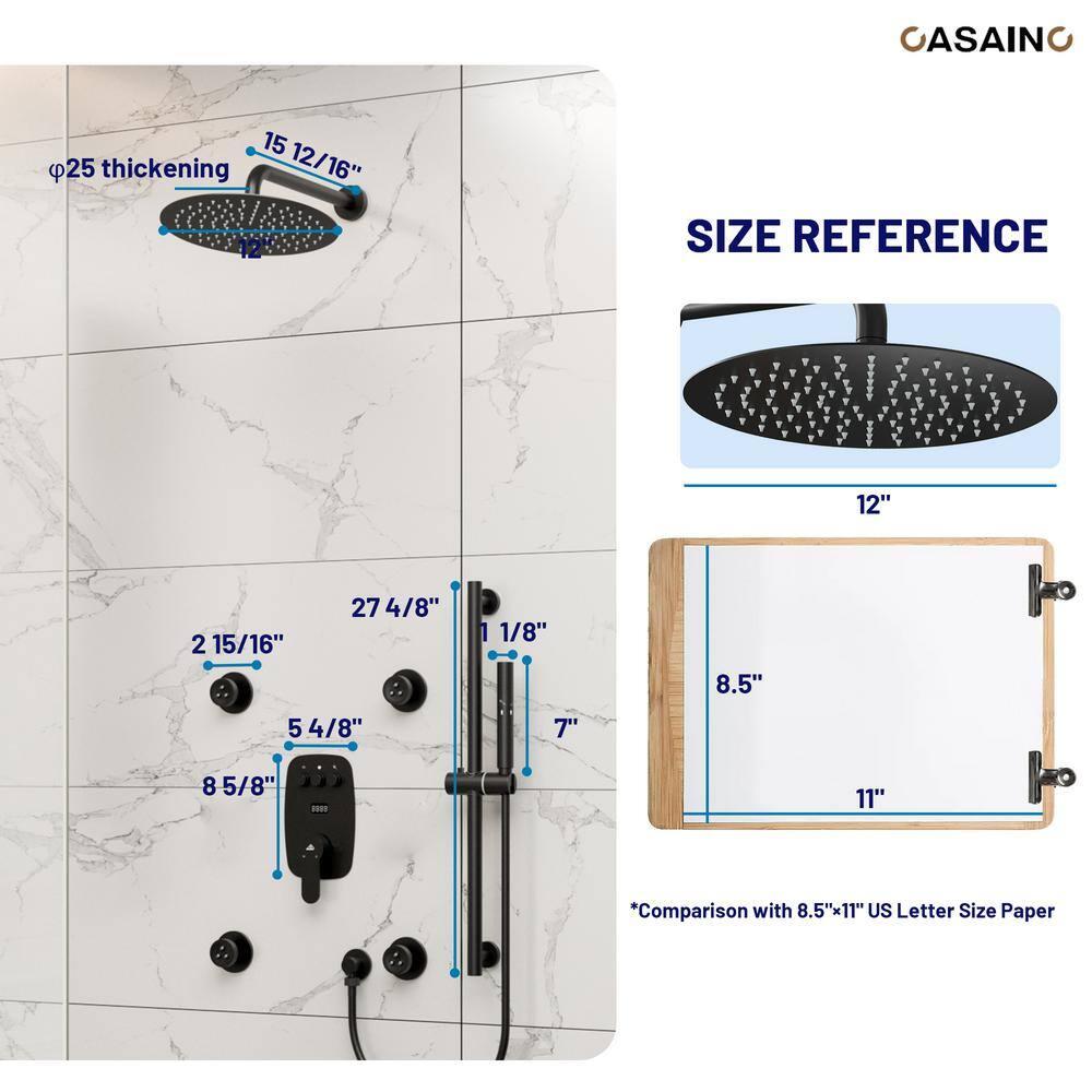 3-Function 12 Inch Temperature Digital Display Shower System With 2-Setting Slider Bar Handheld And 4Pcs Body Jets