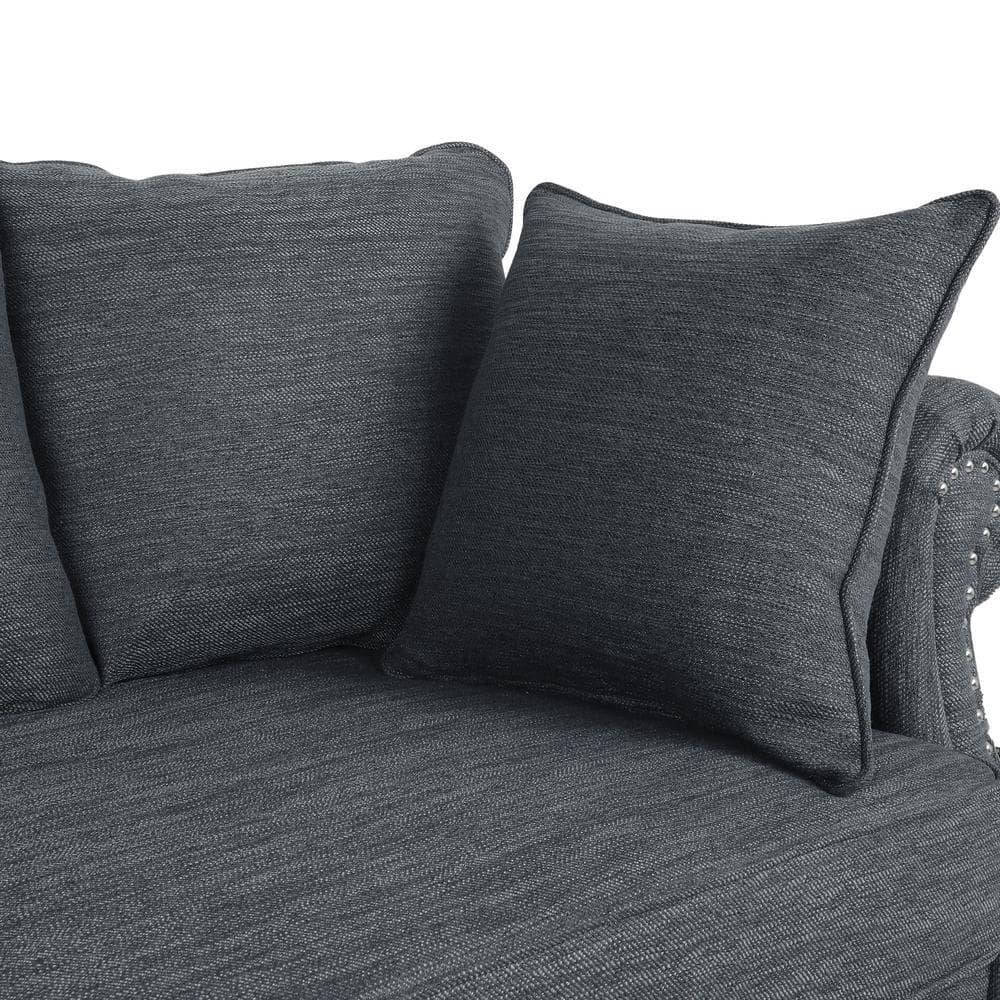 Noble House Viewland Fabric Pillowback 3 Seater Sofa with Nailhead Trim, Charcoal and Dark Brown