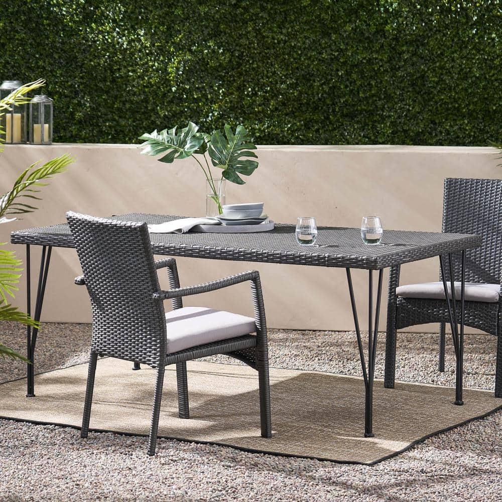 Noble House Bedford 69" Wicker Patio Dining Table with Hair Pin Legs in Gray