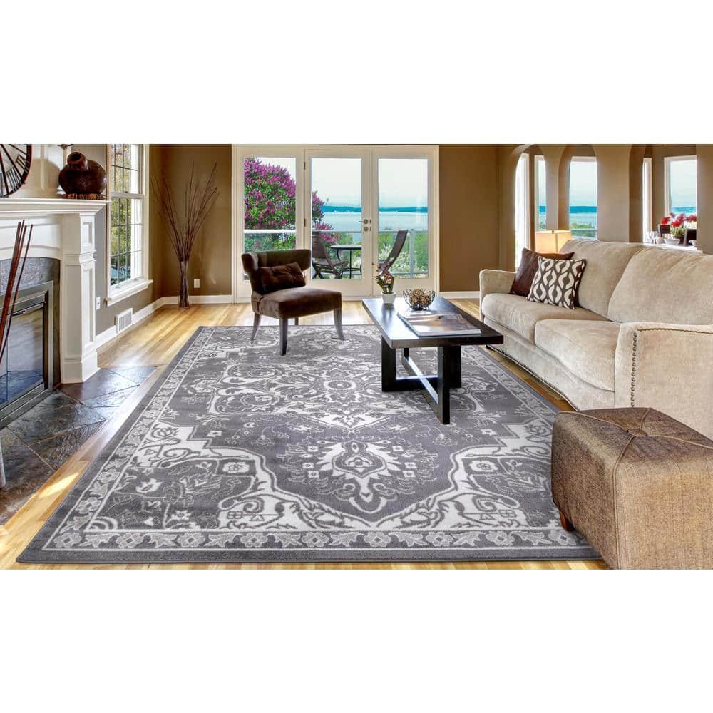 Concord Global Trading Concord Global Jefferson Collection Vintage Area Rug Grey/Ivory 6'7"x9'3" 7' x 9' Bedroom