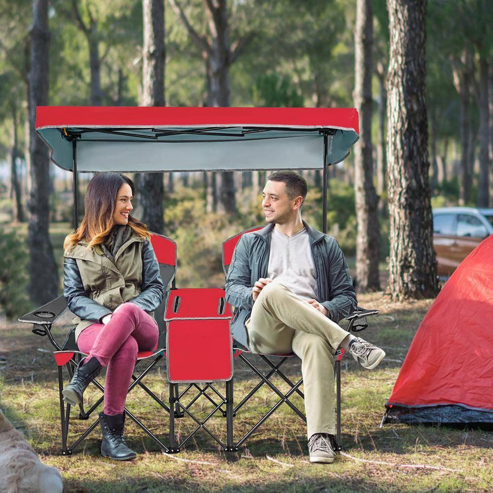 Costway Portable Folding Camping Canopy Chairs w/ Cup Holder Cooler Outdoor Red