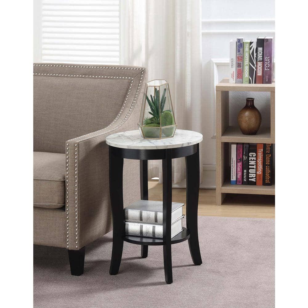 American Heritage Round End Table, White Faux Marble & Black - 24 x 17.75 x 17.75 in.
