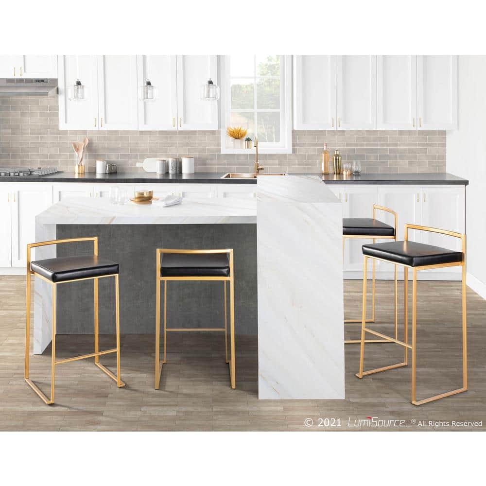 Set of 2 27" Fuji Contemporary Counter Height Barstool Black - Lumisource: Padded, Stackable, Metal Frame, Faux Leather