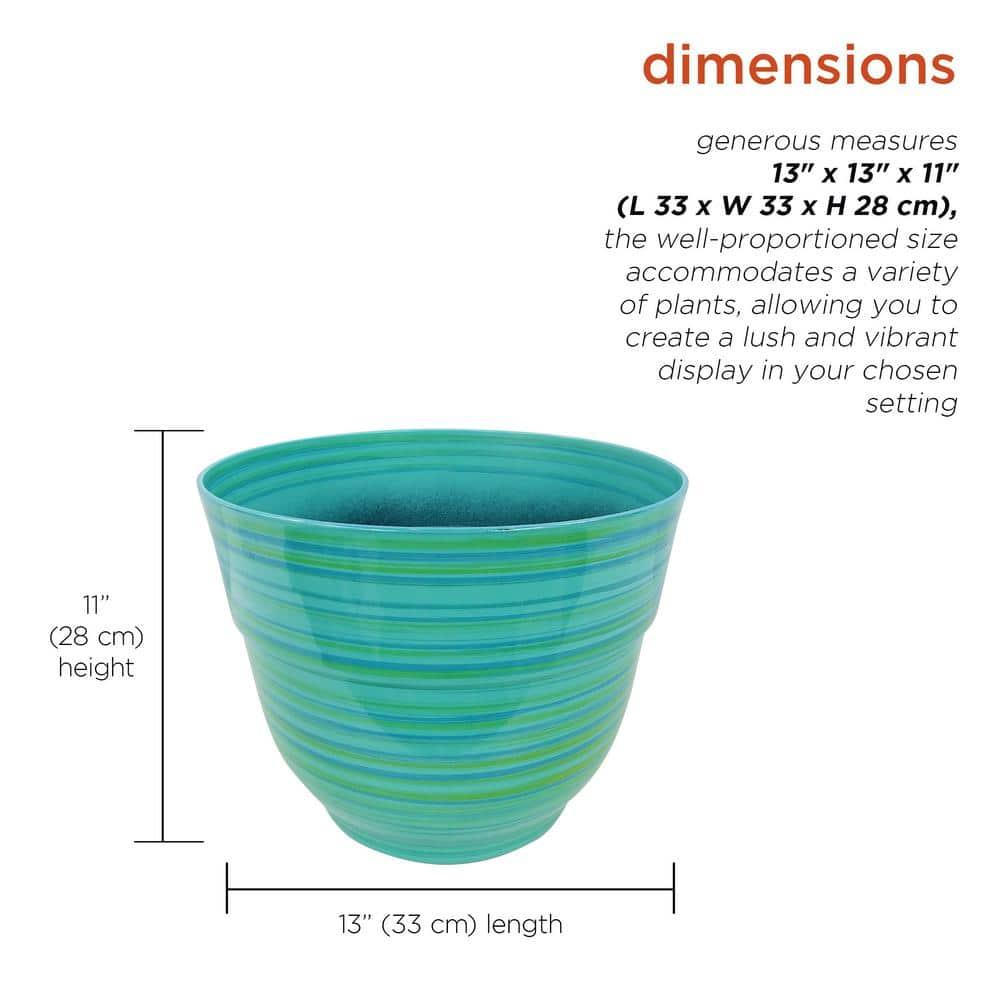 Alpine Corporation Glossy Striped Indoor Outdoor Planter with Drainage Hole Turquoise 13"x13"x11": Polypropylene, Freestanding