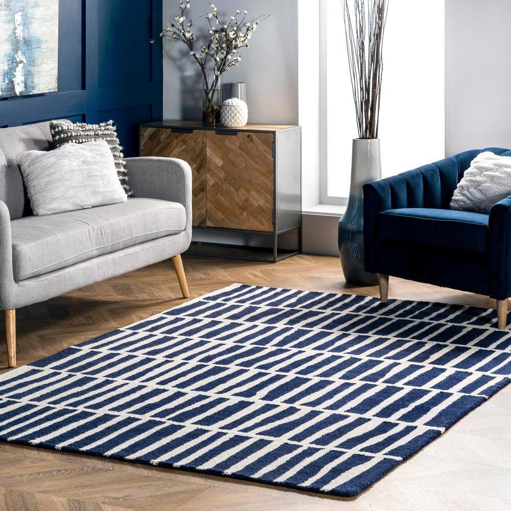 Nuloom Lemuel Geometric 4x6 Wool Indoor Area Rug for Living Room Bedroom Dining Room Kitchen, Navy/Ivory