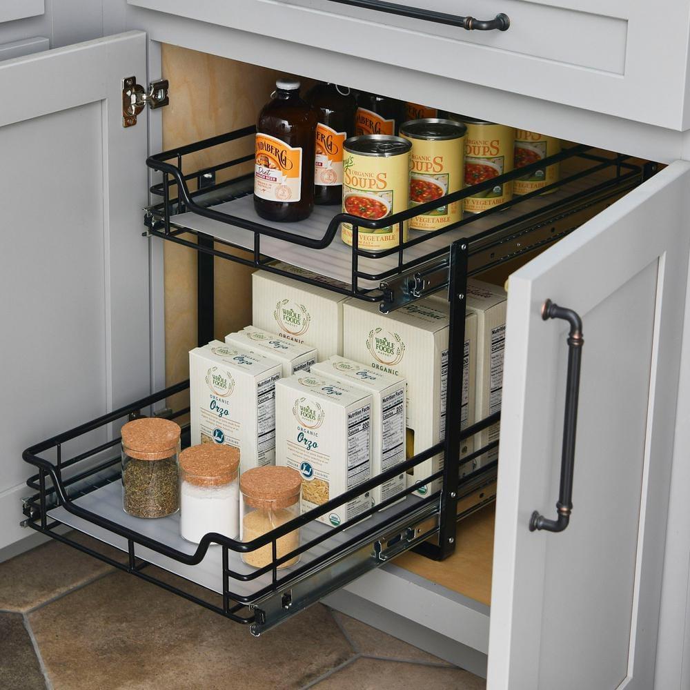 Glidez Multipurpose Paint-Finished Steel Pull-Out/Slide-Out Storage Organizer with Plastic Liners - Dual-Slide 2-Tier Design - Black