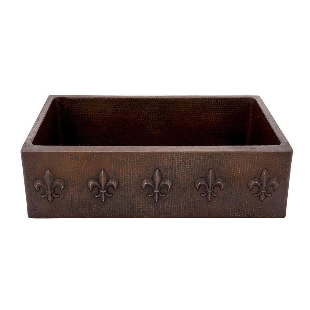33" Hammered Copper Kitchen Apron Single Basin Sink w/ Fleur De Lis with Matching Drain and Accessories